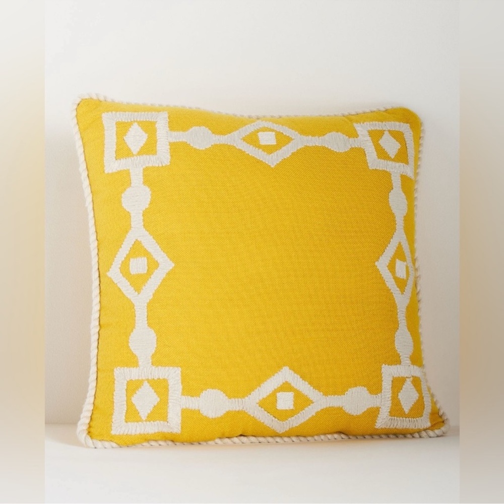 Anthropologie Greek Key Embroidered Indoor/ Outdoor Pillow, Yellow NWT